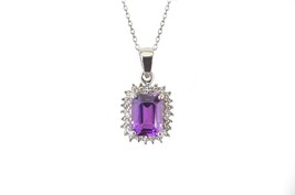 Sterling Silver Genuine Diamond and Amethyst Rectangle-Shaped Pendant Ne... - £33.61 GBP