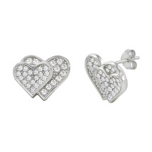 Double Heart Earrings Sterling Silver Micropave CZ Cubic Zirconia 11mm x... - $15.00