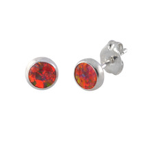 Womens Opal Earrings Round Iridescent Orange Sterling Silver Studs 6mm - £9.09 GBP