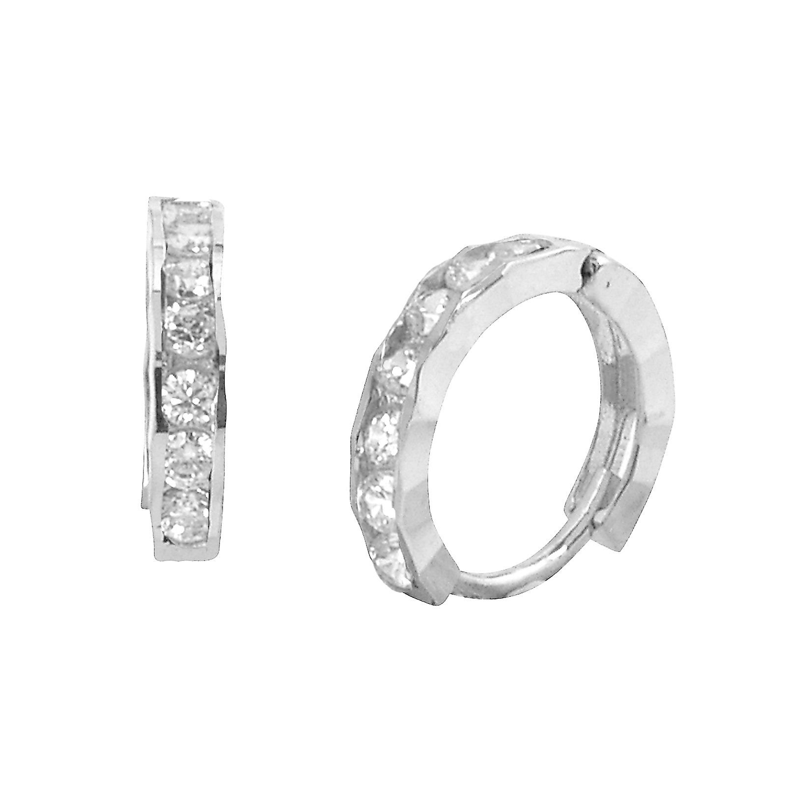 Primary image for Sterling Silver Hoop Earrings 1 Row Cubic Zirconia Fancy Setting 13mm x 3mm
