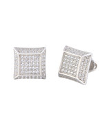 Men&#39;s Sterling Silver Hip Hop Stud Earrings Micropave CZ Deep 10mm Square - £21.12 GBP