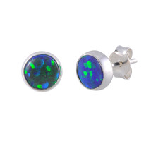 Sterling Silver Opal Stud Earrings Navy Blue Green Gemstone 7mm Round - £11.38 GBP