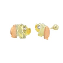 10k Tri Color Gold Elephant Stud Earrings Screwbacks White CZ Cubic Zirconia - £22.04 GBP