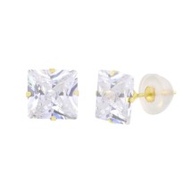 14k Yellow Gold Clear Princess Cut Square CZ Stud Earrings Prong Set - £11.71 GBP+