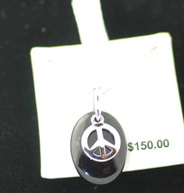 Black Onyx Peace Sign Necklace .925 Sterling Silver, 18 inches - £58.63 GBP