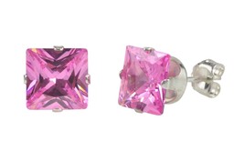 Silver Pink Studs Tourmaline Square CZ October Birthstone Prong Earrings... - $3.88
