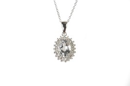 925 Sterling Silver White Topaz &amp; Diamond Necklace Oval 1.29ct, 18&quot; chain - £28.76 GBP