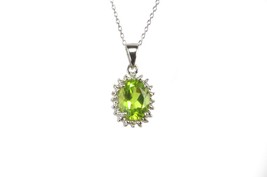 925 Sterling Silver Diamond and Peridot Necklace 16mm Oval 18 Inch Chain - $38.24
