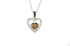 Sterling Silver Diamond and Smoky Quartz Heart Necklace w Heart Stone, 18&quot; Chain - £27.70 GBP