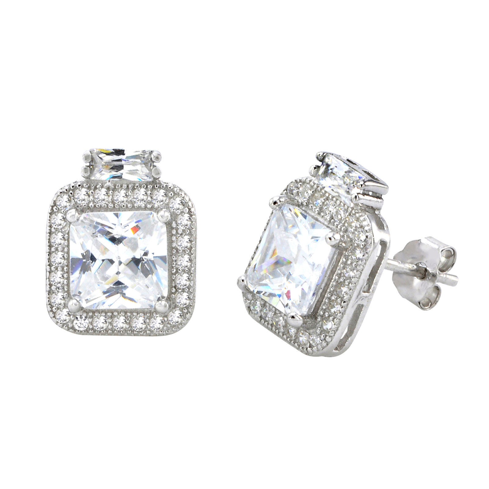 Sterling Silver Square Halo Cubic Zirconia Stud Earrings Micropave 12mm x 10mm - $21.32