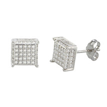 Sterling Silver Micropave Stud Earrings Clear 3d Square 4 Corner Accents 9mm - £13.88 GBP