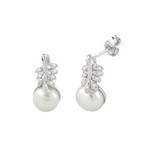 White Freshwater Pearl Earrings White Cubic Zirconia Leaf Design Sterling Silver - £15.42 GBP