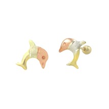 10k Tri Color Gold Dolphin Stud Earrings Screwbacks White CZ Cubic Zirconia - £22.01 GBP