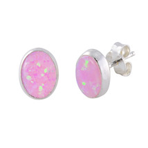 Pink Opal Gemstone Stud Earrings Sterling Silver 7mm x 9mm Oval - £12.90 GBP