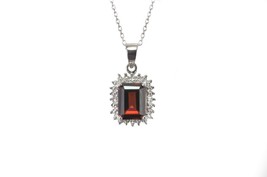 925 Sterling Silver Diamond and Red Garnet Rectangle Pendant Necklace, 1... - $43.49