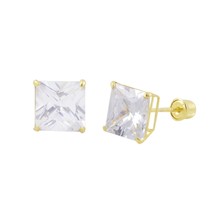 Square Princess Cut Clear CZ Stud Earrings Screwbacks 14k Yellow Gold BASKET Set - £15.76 GBP+