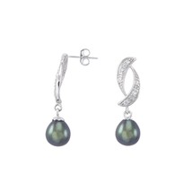 Black Pearl Dangle Earrings Abstract Crescent Design White CZ Sterling Silver - £26.36 GBP