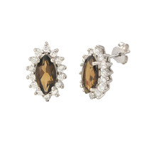 Smoky Quartz Gemstone Stud Earrings 925 Sterling Silver Elongated Oval - £23.44 GBP