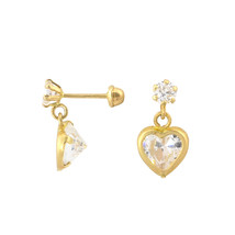 10k Gold CZ Heart Dangle Earrings with Screwbacks 7mm Cubic Zirconia Stones - $31.19