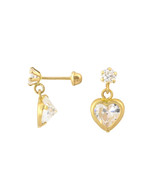 10k Gold CZ Heart Dangle Earrings with Screwbacks 7mm Cubic Zirconia Stones - £24.93 GBP