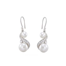 Double White Freshwater Pearl Sterling Silver Dangle Earrings Swirl CZ Accent - £24.10 GBP