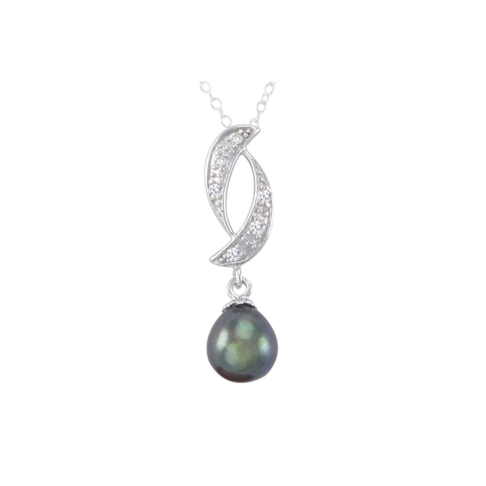 Black Pearl Necklace Abstract Cresent Design White CZ Sterling Silver, 18" Chain - £29.50 GBP