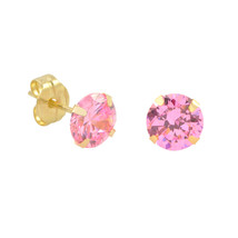 10k Yellow Gold Stud Earrings Pink CZ Cubic Zirconia Round Prong Set - $9.75+
