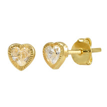 10k Yellow Gold Tiny Heart Stud Earrings CZ with Laser Cut Frame 4mm - £17.25 GBP