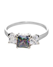 Sterling Silver Ring Square Mystic Topaz &amp; Clear 3 Stone Cubic Zirconia CZ - £17.64 GBP