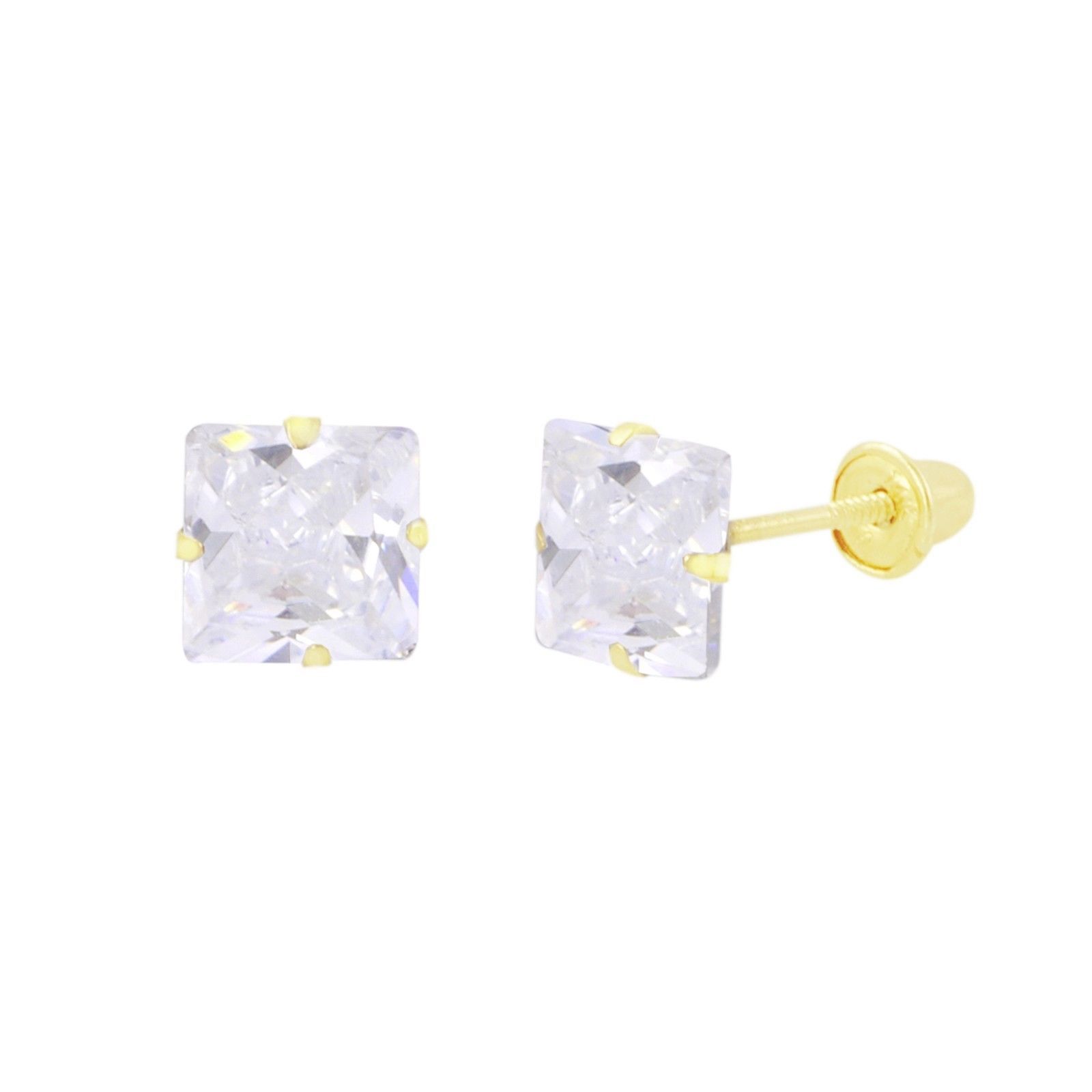 14k Yellow Gold Clear Square Princess Cut CZ Stud Screwback Earrings Prong Set