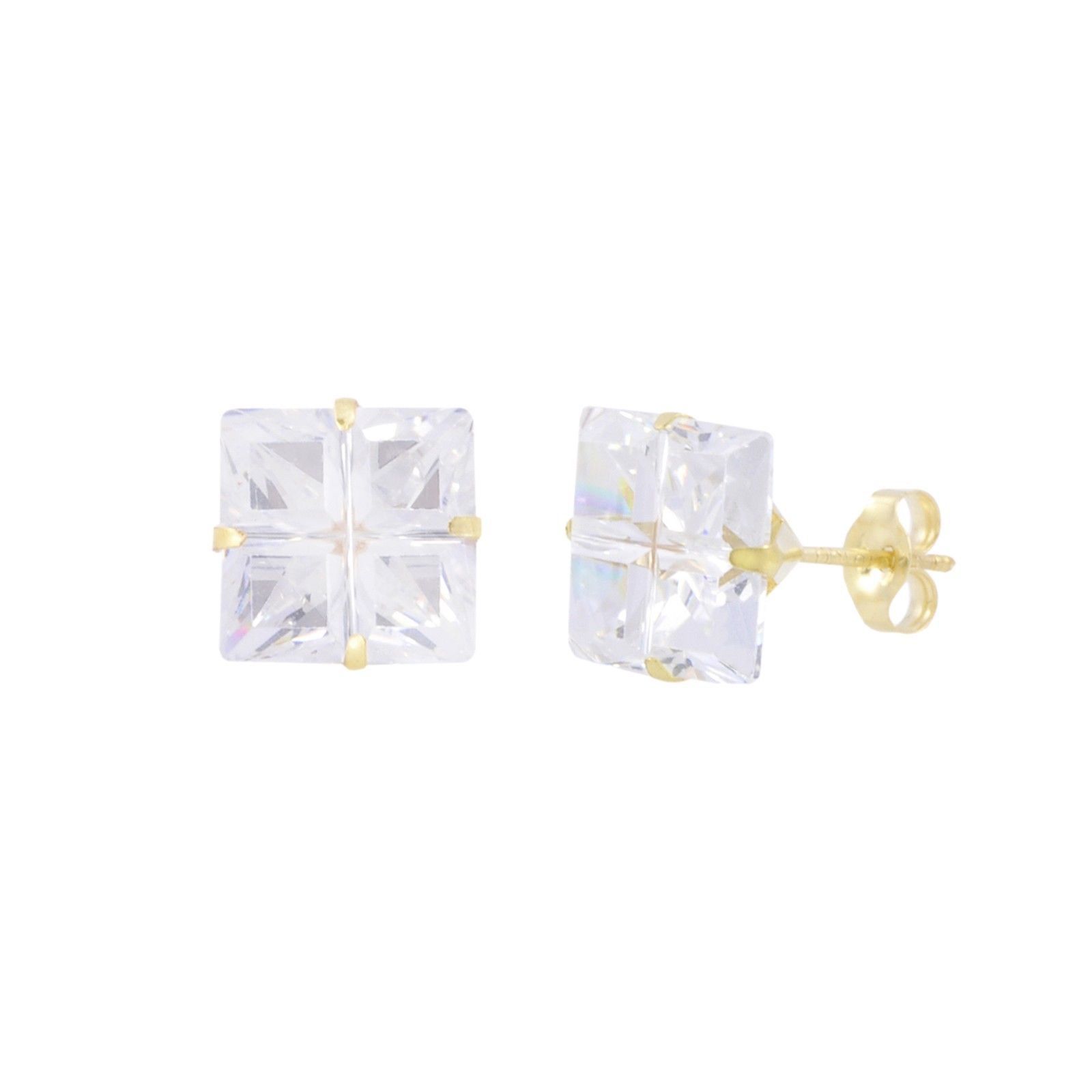 Primary image for 10k Yellow Gold Square CZ Stud Earrings Invisible Set Cubic Zirconia - 4 Segment