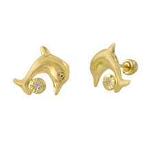 Dolphin with CZ Ball Stud Earrings 10k Yellow Gold with Screwbacks 9x8 - £17.48 GBP