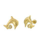 Dolphin with CZ Ball Stud Earrings 10k Yellow Gold with Screwbacks 9x8 - £17.77 GBP