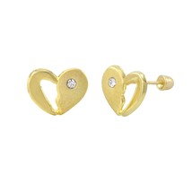 10k Yellow Gold Half Open Heart Stud Earrings Screwbacks White Cubic Zirconia - £17.06 GBP