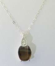 925 Sterling Silver Smoky Topaz &amp; White Topaz Gemstone Necklace 18&quot; chain - £40.53 GBP