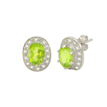 Peridot Gemstone Stud Earrings 925 Sterling Silver Oval Micropave CZ Accent - £35.46 GBP