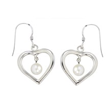 Dangle Earrings White Pearl Open Heart Design .925 Sterling Silver - £22.02 GBP