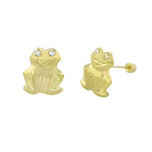 10k Yellow Gold Happy Frog Stud Earrings Screwbacks White Cubic Zirconia - 10mm - £18.54 GBP