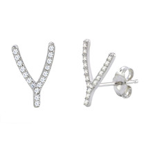 Sterling Silver Wishbone Earrings Micro Pave Cubic Zirconia CZ Studs 14mm x 9mm - £9.29 GBP