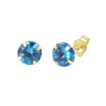 14k Yellow Gold Blue Topaz Cubic Zirconia Stud Earrings Round Birthstone CZ - £8.40 GBP+