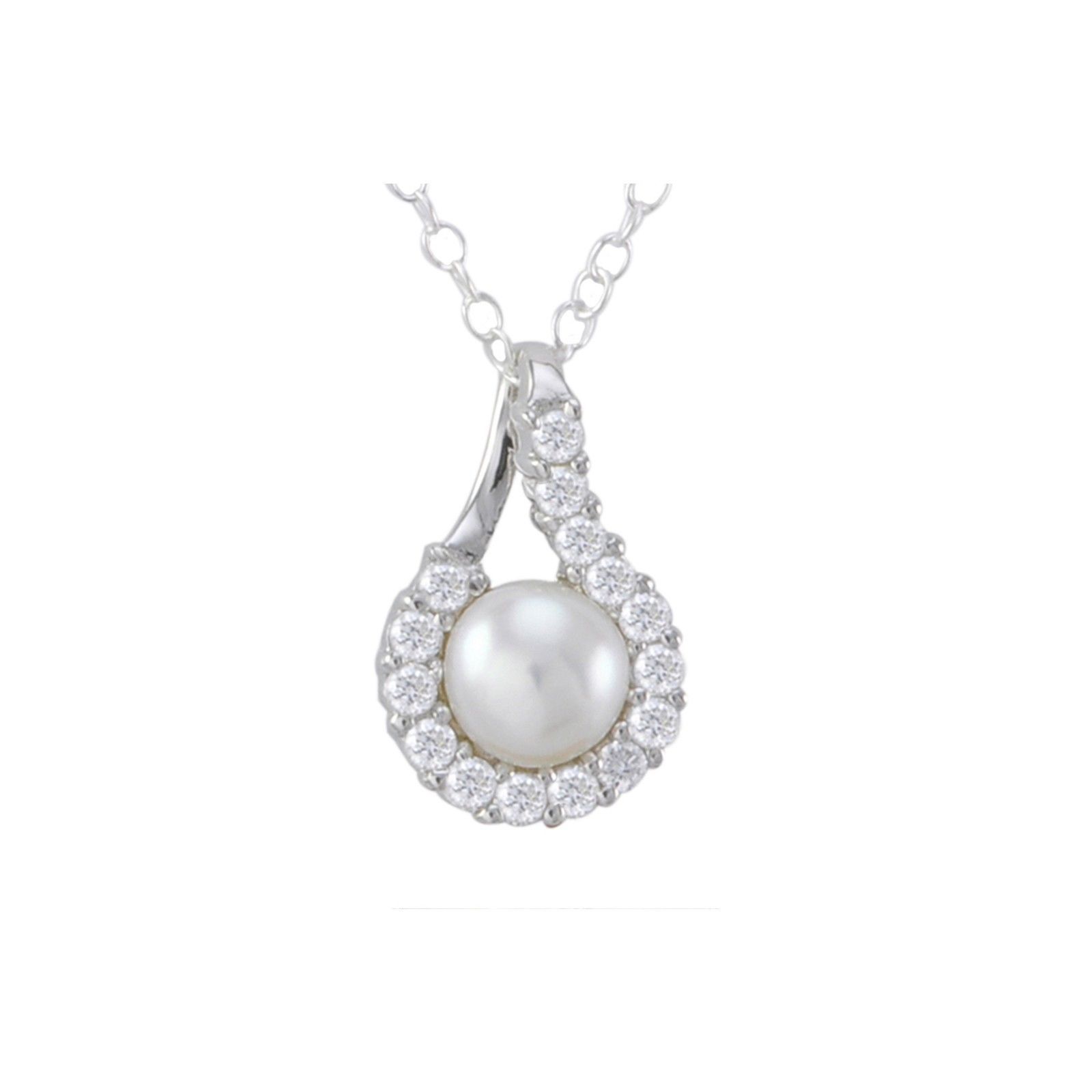 White Freshwater Pearl Sterling Silver Necklace w/ Fancy CZ Surround, 18" Chain - £18.03 GBP