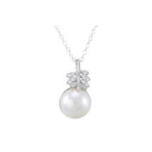 White Freshwater Pearl Necklace White CZ Leaf Design Sterling Silver, 18&quot; Chain - £18.37 GBP