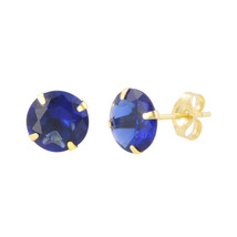 14k Yellow Gold Blue Sapphire Cubic Zirconia Stud Earrings Round Birthstone CZ - £8.40 GBP+