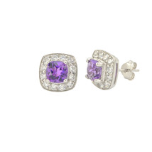 Amethyst Gemstone Stud Earrings 925 Sterling Silver Square Micropave CZ Accent - $32.79