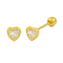 Tiny Heart with CZ Screwback Earrings 10k Yellow Gold with Laser Cut Frame 4mm - £16.39 GBP