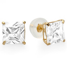 14k Yellow Gold CZ Stud Earrings Square Clear Princess Cut Basket Set Silicone - £20.32 GBP+