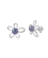 Flower Earrings Black Pearl Studs .925 Sterling Silver - £19.70 GBP