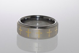 Tungsten Wedding Band Ring w Yellow Gold Plated Laser Engraved Cross - $23.50