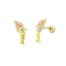 10k Tri Color Gold Mini Dolphin Stud Earrings Screwbacks White CZ Cubic Zirconia - £19.56 GBP