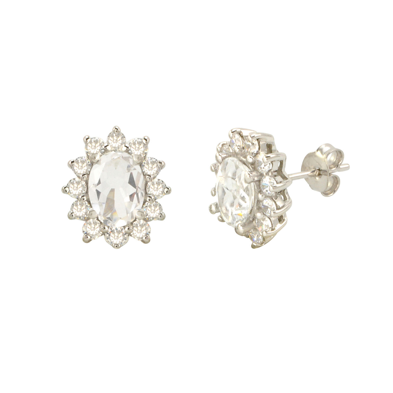 White Topaz Gemstone Flower Stud Earrings Sterling Silver Micropave CZ Accent - $34.39